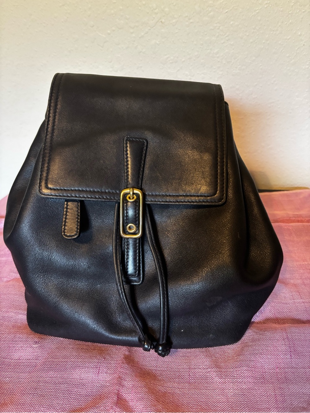 Vintage Coach Black Leather Drawstring Backpack Gold Hardware B3W-9858 EUC